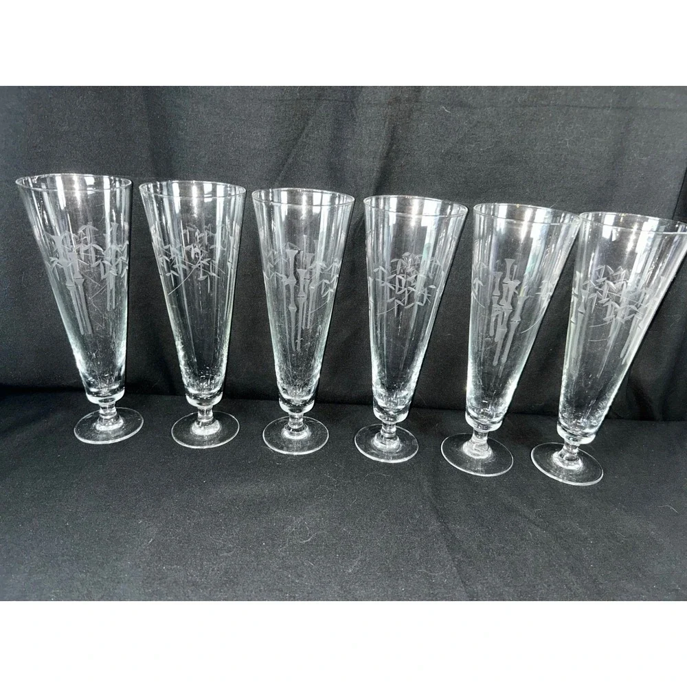 Set of 6 Vintage Bamboo Etched Footed‎ Glasses Champagne Flutes Tall Pilsner MCM